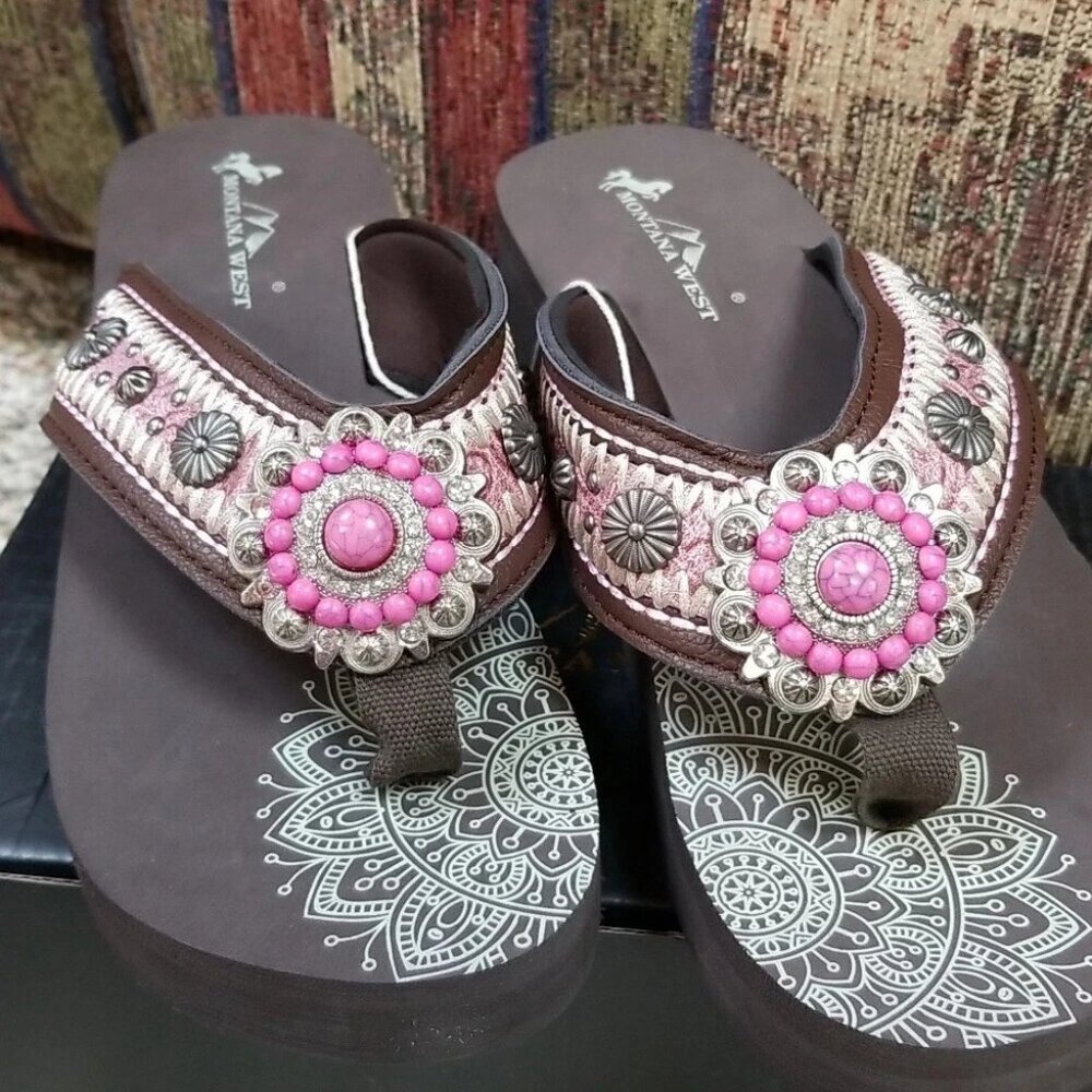 Montana West Flip Flops Western Floral Wedge Summer Sandals Pink Coffee Size 10